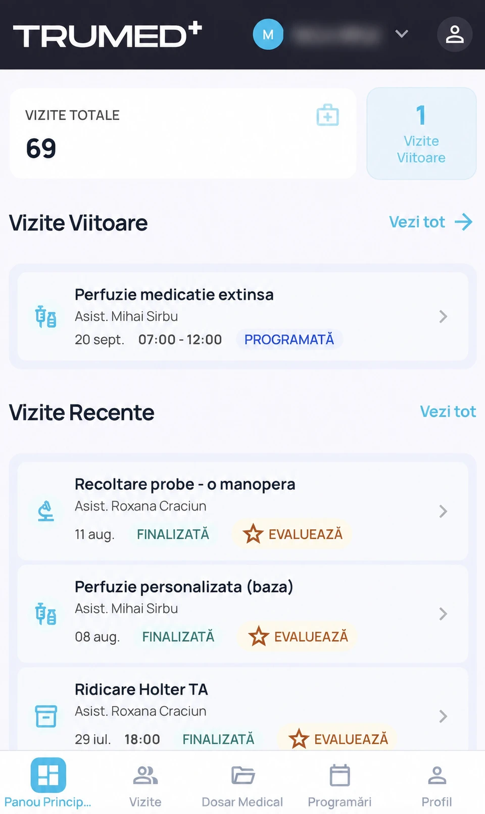 Programări și vizite în Portalul Pacienți, cu numele pacientului anonimizat